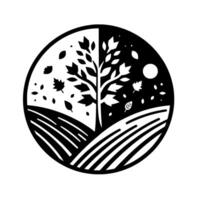 Black and White Circular Depicting Day and Night Seasons Autumn Tree Above Fields, with falling leaves, sun, and moon elements, a naturethemed contrast. vector