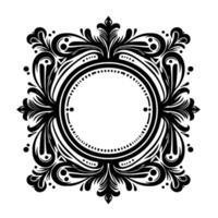 Ornate Black and White Circular Frame with Floral and Geometric Elements, Suitable for Invitations, Logos, and Decorative vector