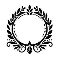 Elegant black and white circular floral frame with stylized leaves and decorative flourishes, creating a sophisticated element. vector
