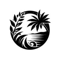 Tranquil black and white circular featuring a palm tree, foliage, waves, and a serene seascape with stars. vector