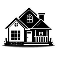 A minimalist, black and white illustration of a cozy suburban house, featuring a symmetrical facade with a porch, multiple windows, and a chimney, on a clean white background. vector