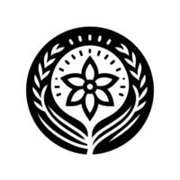A symmetrical, minimalist black and white emblem featuring a central stylized flower, encircled by a dotted ring, laurel branches, and large curved leaves, set against a stark white backdrop. vector
