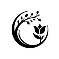 Stylized Black and White Floral Emblem Crescent Circle with a Branch of Leaves and a Flower vector
