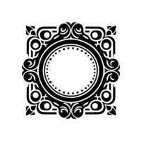 Intricate black and white circular ornamental with a central circle containing dots and surrounded by symmetrical floral and geometric elements, set against a white backdrop. vector