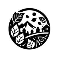 A monochrome circular papercut illustration of a tranquil mountain landscape with a house, trees, and leaves, set against a stark white background. vector