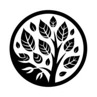 Intricate black and white botanical illustration of a tree and leaves, enclosed within a circular frame, conveying natures elegance. vector