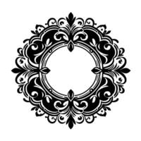 Intricate Black and White Circular Floral Ornament with Symmetrical Scrollwork Frame and White Center, Decorative Flourish. vector