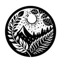 Intricate circular minimalist , featuring mountain landscape with sun, pine trees, and decorative leaf elements. vector
