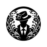 Silhouette of a dapper gentleman in a fedora adorned with a clover, surrounded by a floral wreath in a minimalist, black and white , within a circular frame. vector
