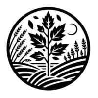 Symbolic Circle Illustration A detailed black and white emblem featuring a tree within a field, surrounded by wheat stalks, moon, and falling leaves, suggesting nature and agriculture. vector
