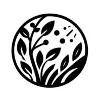 Monochrome Botanical Illustration in Circular Frame Stylized Leaves, Berries, and Grasses, a minimalist, clean . vector