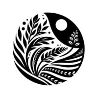 Yin and Yang A Circular Harmony of Botanical Elements in Striking Black and White Contrast, Symbolic of Balance and Nature. vector