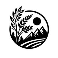 A stylized, blackandwhite circular depicting a serene landscape wheat, mountains, sun, and fields in silhouette. vector