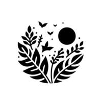 Minimalist Botanical Illustration A Circular Arrangement of Leaves, Birds, Sun, and Dots in Black on White. vector