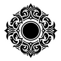 Intricate symmetrical black and white decorative centered around a bold circle, featuring stylized floral and scrollwork elements. vector