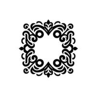 Ornate Black and White Square Frame with Symmetrical Swirls and Floral Elements, Centering a Blank Space, Isolated on White Background. vector