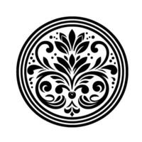 Ornate Black and White Circular Floral , Embellished with Swirls, Leaves, and Dots, Bordered with Concentric Rings, on White Background vector