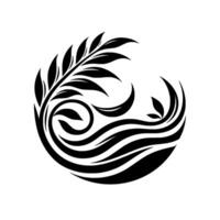 Serene Black and White Floral Motif A Circular Composition of Leaves and WaterLike Lines, Emanating Harmony and Balance. vector