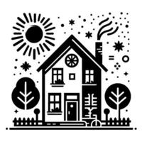 Whimsical monochromatic illustration of a stylized house with radiating sun, trees, and a fence. vector