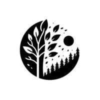 Minimalist monochrome circular composition featuring a stylized tree, forest, and sun against a white background, embodying nature. vector
