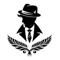Silhouette of a dapper gentleman in a fedora and suit, adorned with elegant botanical elements. vector
