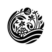 Abstract Black and White Floral Composition in a Circle, Showcasing Simplified Flowers, Leaves, and a Stylized Orb. vector