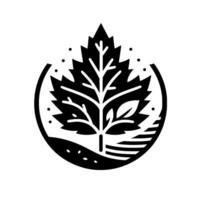A stylized, monochromatic illustration of a leaf within a circle, depicting a minimalist nature scene with dots and lines. vector