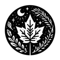 Symbolic Black and White Circular Illustration of a Maple Leaf with Celestial and Botanical Elements, Evoking Serenity. vector