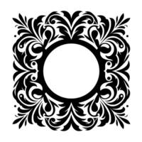 Intricate Black and White Ornate Floral Frame Centered Around a Blank Circle, Emphasizing Symmetry and Elegant Details. vector