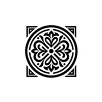 Symmetrical floral mandala , black and white, within a square frame, intricate linework, centered on a white background. vector