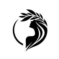 Silhouette of a woman with flowing hair and laurel crown, enclosed within a semicircle, elegant black and white . vector