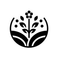 Stylized monochrome emblem featuring a floral element within a circular frame, with a symmetrical and minimalist aesthetic. vector