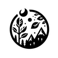 A circular minimalist depicting natures elements including a tree, mountains, leaves, the moon, and stars in a black and white aesthetic. vector
