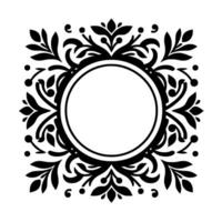 Intricate Black and White Floral Frame with Central Circle, Embellished with Ornate Leaf Designs and Decorative Dots. vector