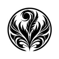 Intricate black and white stylized floral enclosed within a circle, featuring stylized leaves and swirling accents, ideal for . vector