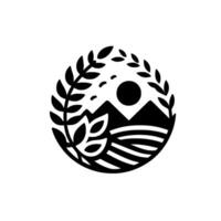 Monochromatic, circular emblem showcasing stylized mountain range with sun, field, and foliage, symbolizing natures harmony, within a minimalist . vector