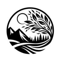 A stylized, circular black and white nature scene featuring mountains, a tree, pine trees, a sun, and water, forming a harmonious and minimalist landscape. vector