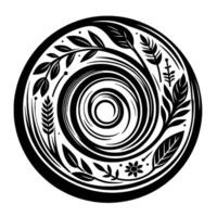 Intricate Circular A Black and White Illustration of Swirling Patterns and Botanical Elements, Featuring Leaves, Spirals, and Floral Accents. vector