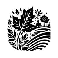 A stylized black and white circular landscape featuring a large maple leaf, a church, trees, fields, and various floral elements, evoking a serene autumn scene. vector