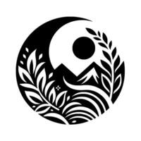 Yin Yang inspired featuring a black mountain range, sun, and crescent moon incorporating foliage, representing balance in natures duality. vector