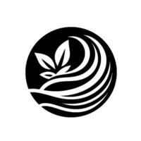 Abstract botanical in a black circle, featuring white leaves and stylized wavelike forms suggesting growth and movement. vector