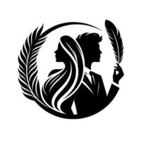 Silhouetted male and female figures within a circle, the man holding a feather, framed by a leaf, symbolizing balance and creativity in black and white. vector