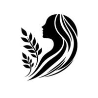 A minimalist black silhouette of a womans profile, adorned with flowing hair and intertwined with an olive branch, evoking elegance. vector