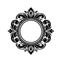 Elegant black and white floral emblem with a circular blank space at the center, perfect for adding text or a , framed with stylized leaves and flourishes against a clean white background. vector