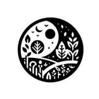 Yin and Yang Circular Black and White Landscape Illustration Featuring Trees, Moon, Birds, and Foliage Embodying Balance and Harmony in Nature. vector