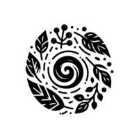Circular monochrome botanical with leaves, berries, and a central spiral, creating a balanced and elegant illustration. vector