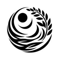Elegant Black and White Circular Featuring a Sun, Crescent Moons, Flowing Lines, and Laurel, Symbolizing Balance and Harmony. vector