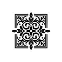 Intricate Black Floral Ornament Symmetrical, Decorative with Swirls, Leaves, and a Square Frame. vector