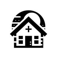 Stylized Black and White Depicting a ClinicHospital Under a Moonlit Sky, Symbolized by a Cross. vector