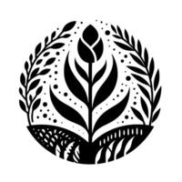 A symmetrical, minimalist black and white floral featuring a central stylized flower, encircled by leaves and small dots, within a circular frame. vector
